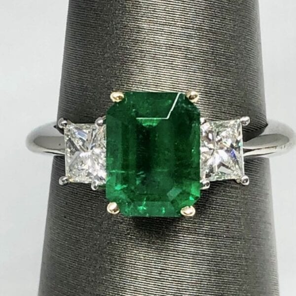 Emerald, diamond, 3 stone ring