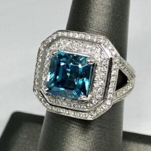 Blue blue zircon, diamond, ring