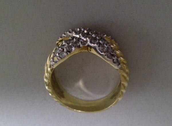 Closeup Vintage Diamond Yurman X Ring with Gold